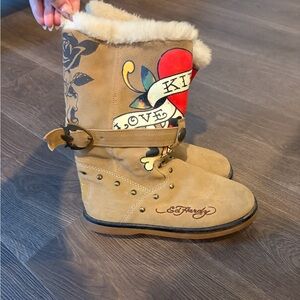 Ed Hardy Tan Suede Boots with Red Heart Graphic
